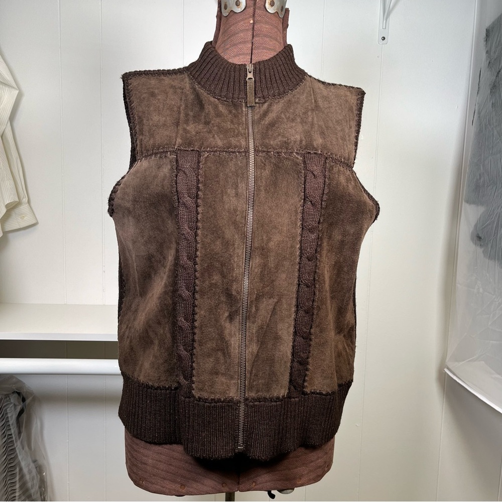 Vintage Brown Suede Leather & Knit Sleeveless Zip Front Vest Unisex Size Large